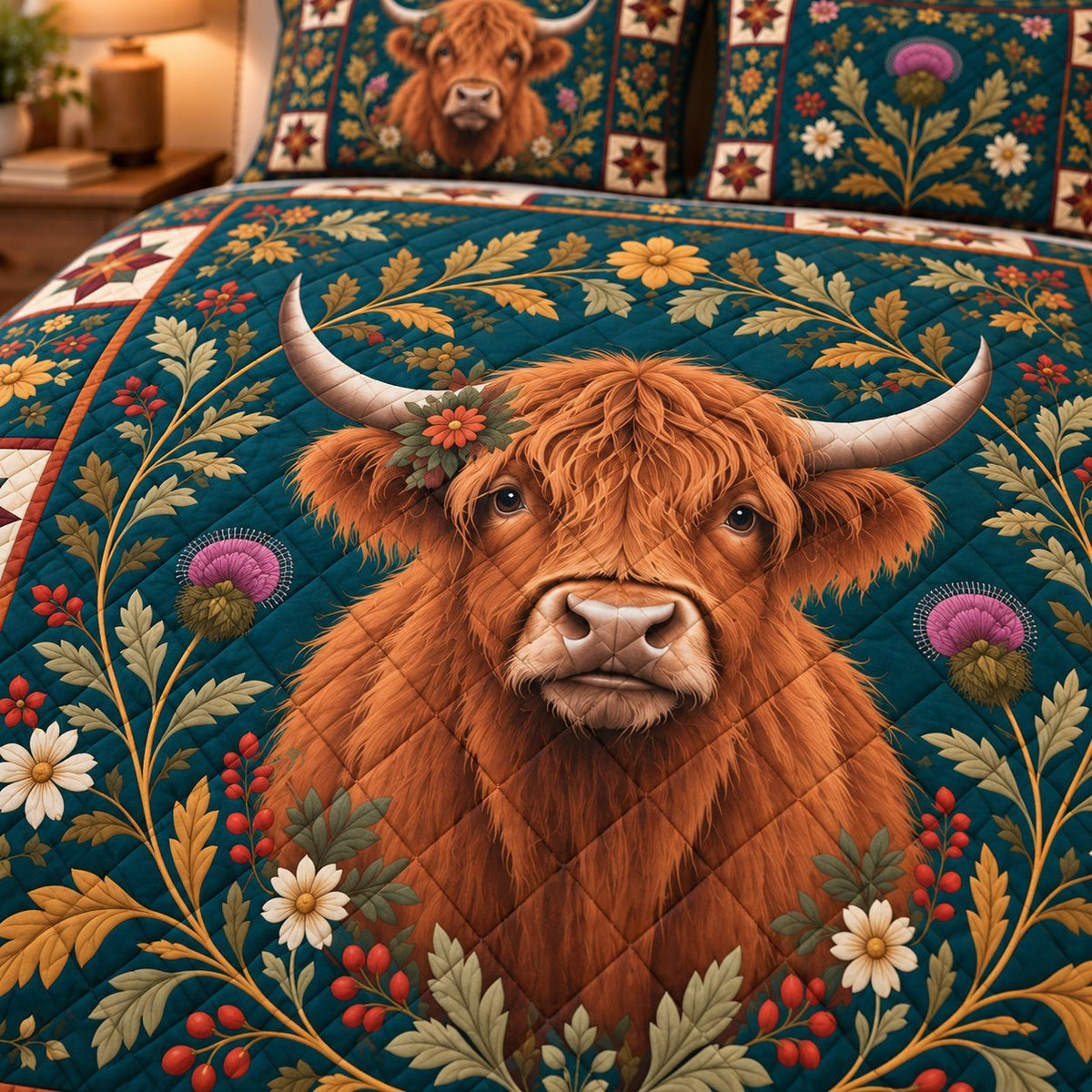 Close-up of Highland Cow folk art quilt with uniform diamond stitching