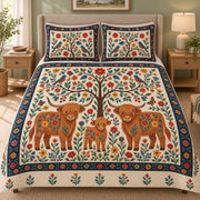 Highland Cow Folk Art Tree of Life quilt set, front bedroom view with two shams