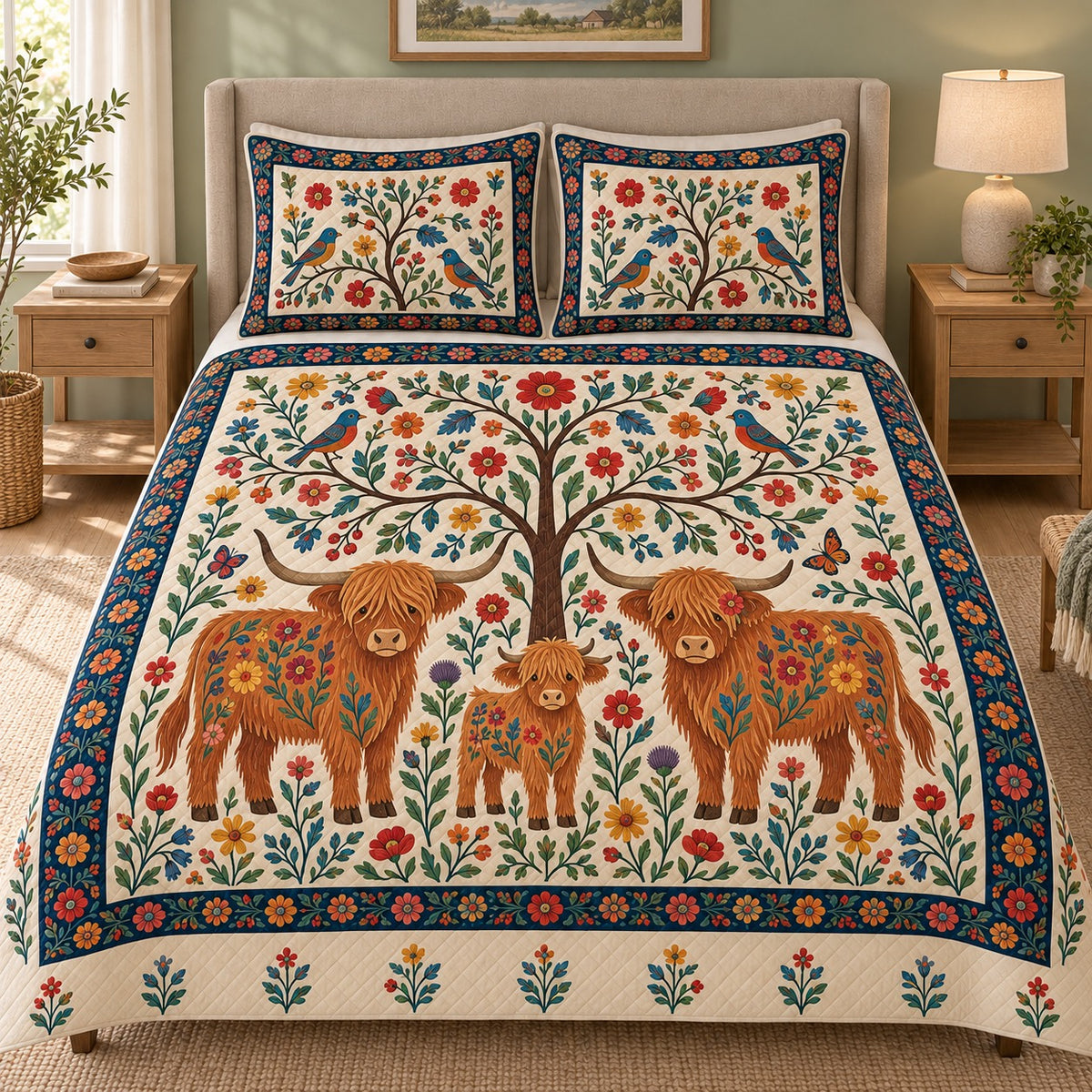 Highland Cow Folk Art Tree of Life quilt set, front bedroom view with two shams