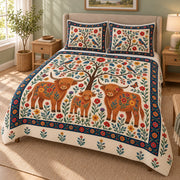 Highland Cow Folk Art Tree of Life quilt set, angled bedroom view