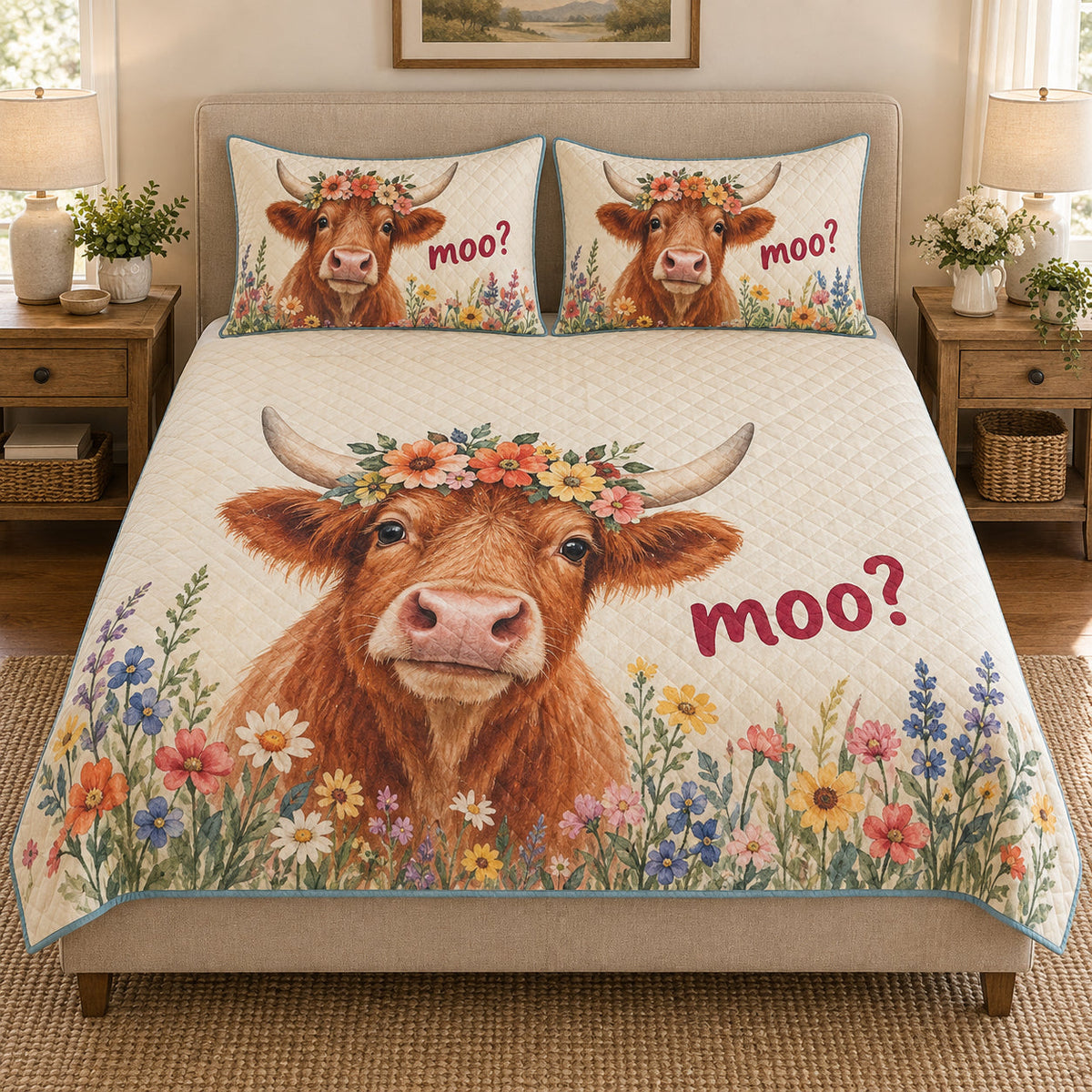 Highland Cow Moo Wildflower quilt design with coordinating pillow shams