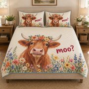 Highland Cow Moo Wildflower quilt design with coordinating pillow shams