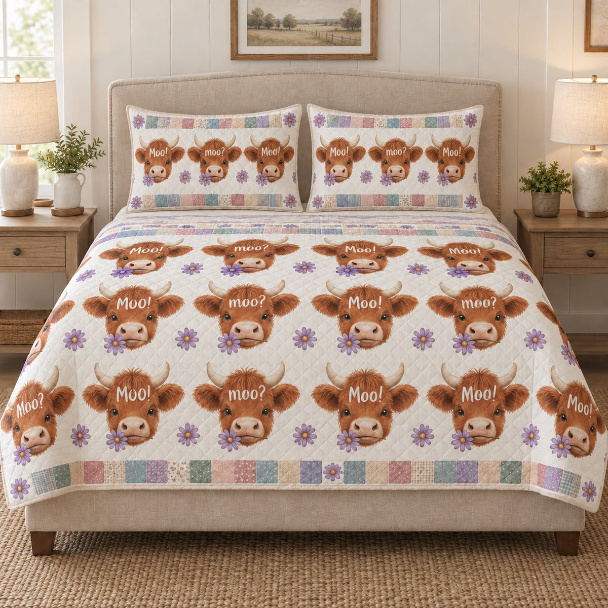 Cute Highland Cow Moo Pattern quilt design with coordinating pillow shams