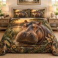 Hippo River Landscape Quilt Set, Safari Bedding Gift for Hippo Lovers