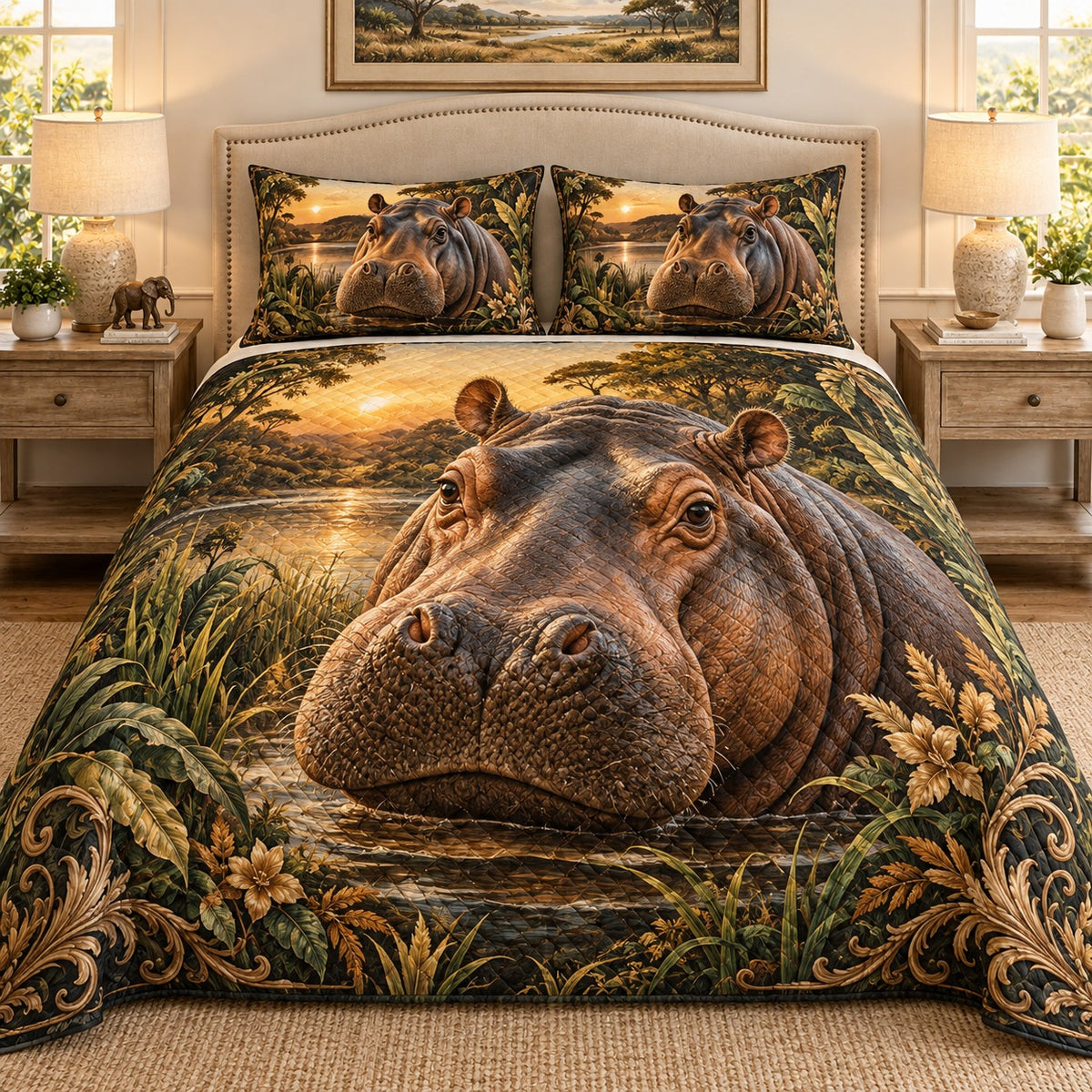 Hippopotamus river wildlife quilt set, view 1, AI-generated product mockup