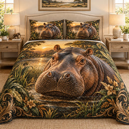 Hippo River Landscape Quilt Set, Safari Bedding Gift for Hippo Lovers