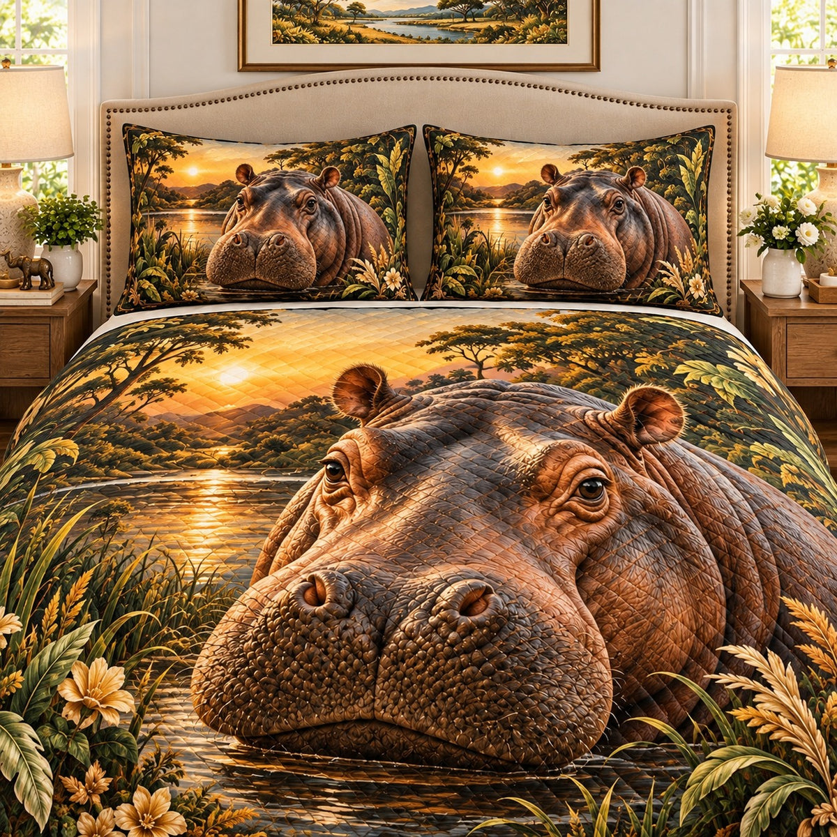 Hippopotamus river wildlife quilt set, view 2, AI-generated product mockup