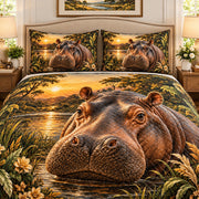 Hippopotamus river wildlife quilt set, view 2, AI-generated product mockup