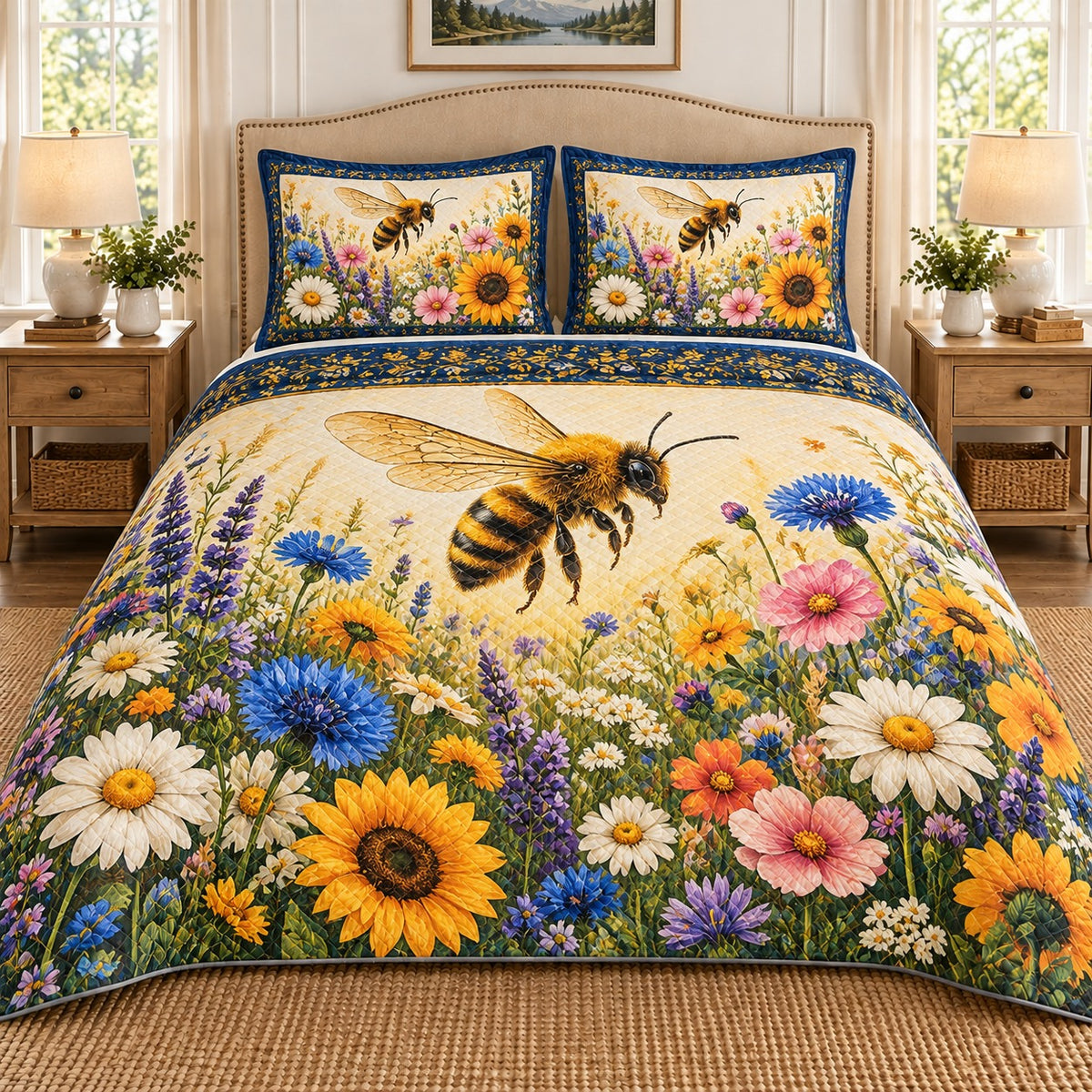 Honey bee and colorful wildflower quilt set, view 1, AI-generated product mockup