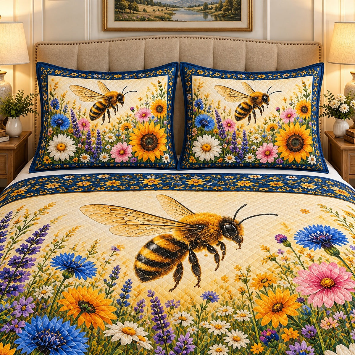 Honey bee and colorful wildflower quilt set, view 2, AI-generated product mockup