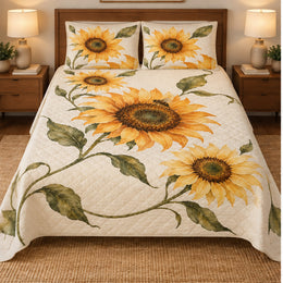 Honey Petal Sunflower Quilt Set, Cozy Floral Bedding Gift for Bee Lovers
