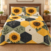 Front view of Honeycomb Patchwork Sunflower quilt set