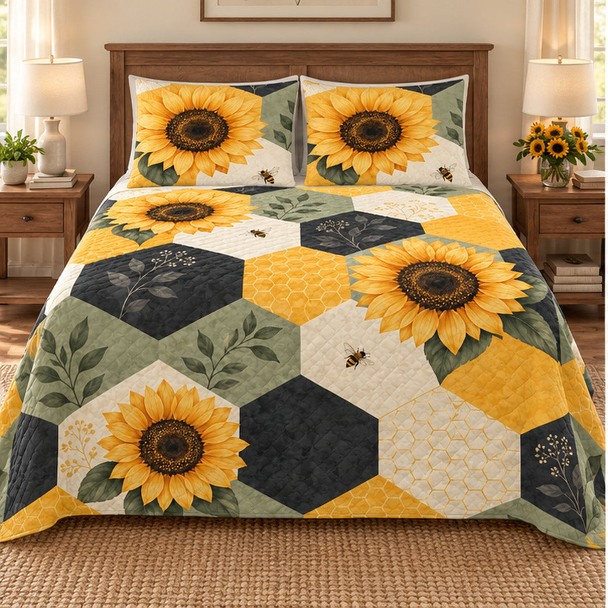 Front view of Honeycomb Patchwork Sunflower quilt set
