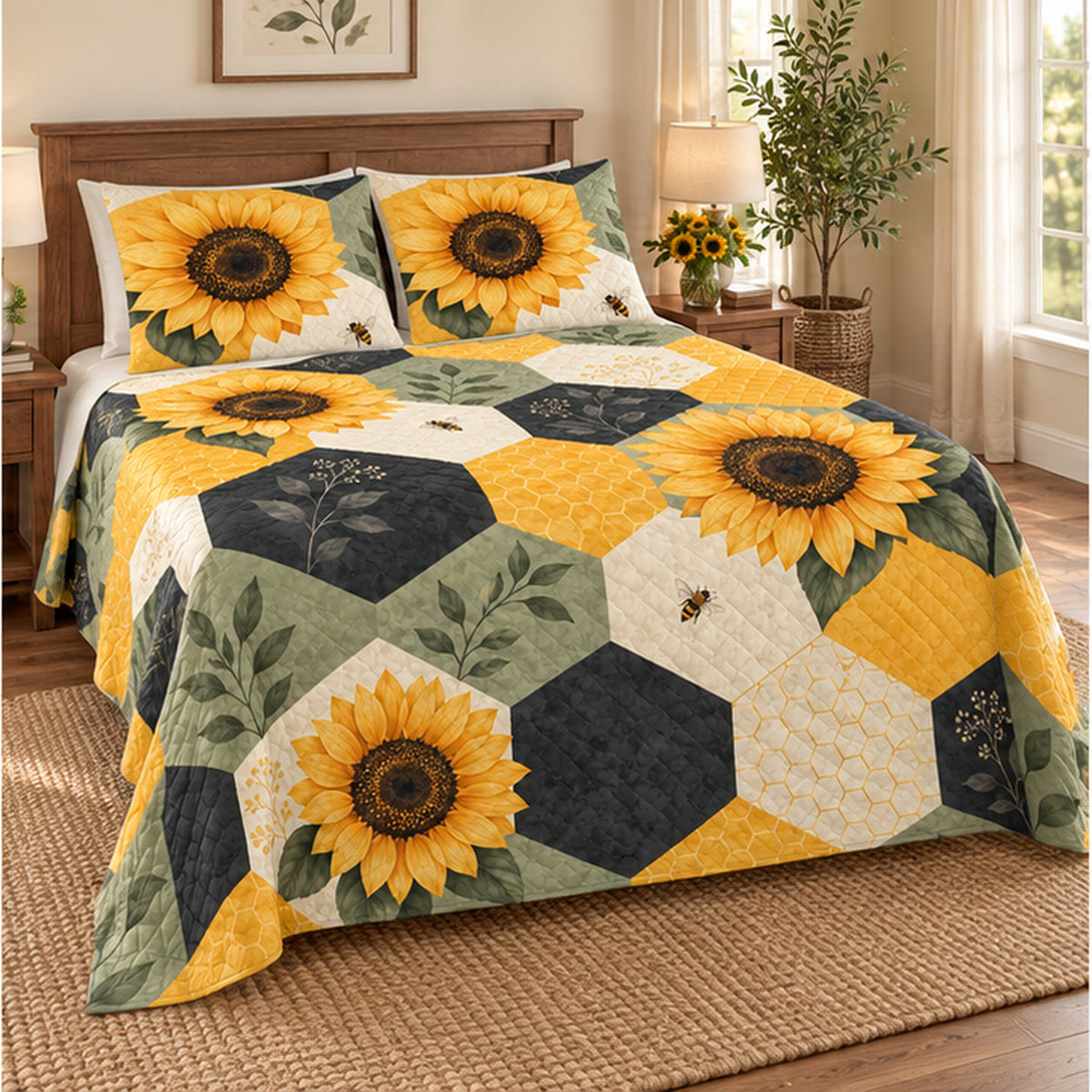 Left view of Honeycomb Patchwork Sunflower quilt set
