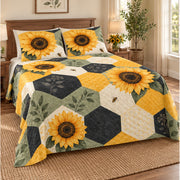 Left view of Honeycomb Patchwork Sunflower quilt set
