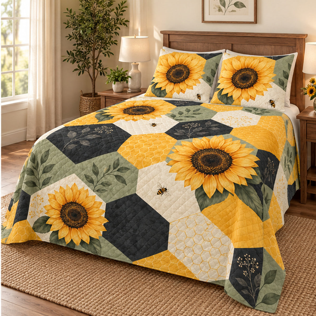 Right view of Honeycomb Patchwork Sunflower quilt set