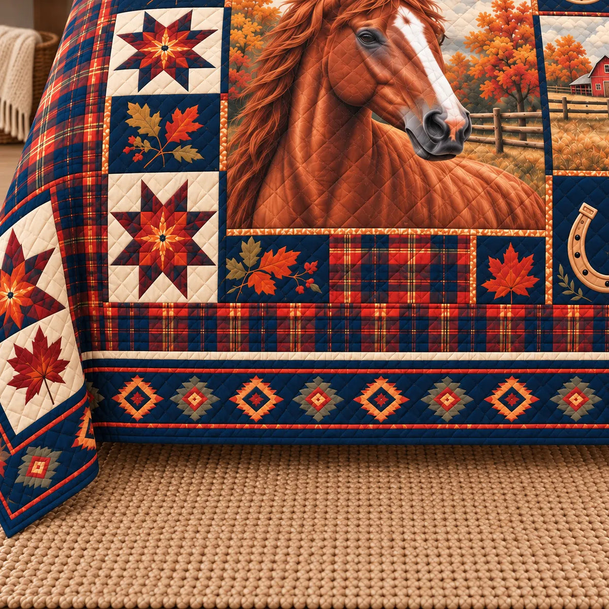 Close-up of Horse Autumn Patchwork Quilt Set with chestnut horse, fall leaves, navy plaid and quilt stitching.