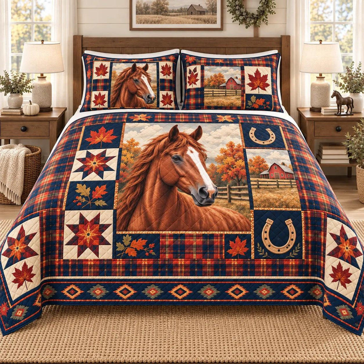 Horse Autumn Patchwork Quilt Set, Rustic Fall Horse Bedding