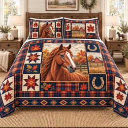Horse Autumn Patchwork Quilt Set, Rustic Fall Horse Bedding