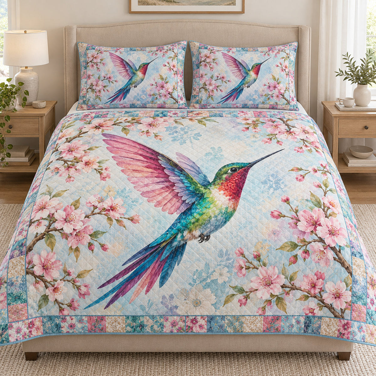Hummingbird Pink Cherry Blossom quilt design with coordinating pillow shams