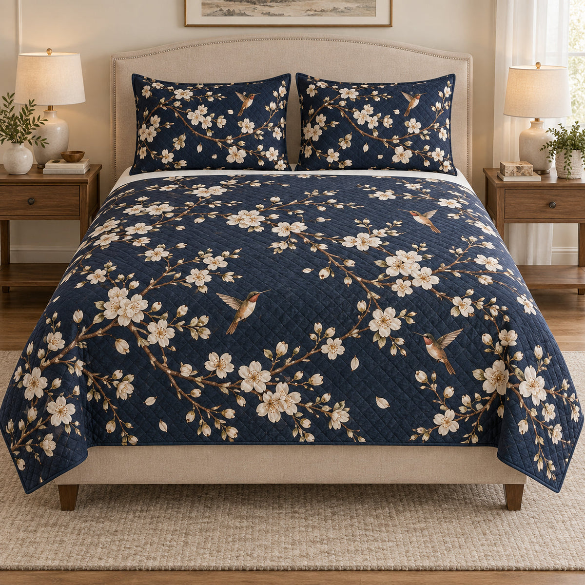 Hummingbird Cherry Blossom Botanical quilt design with coordinating pillow shams