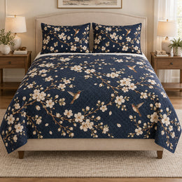 Hummingbird Cherry Blossom Botanical Quilt Set