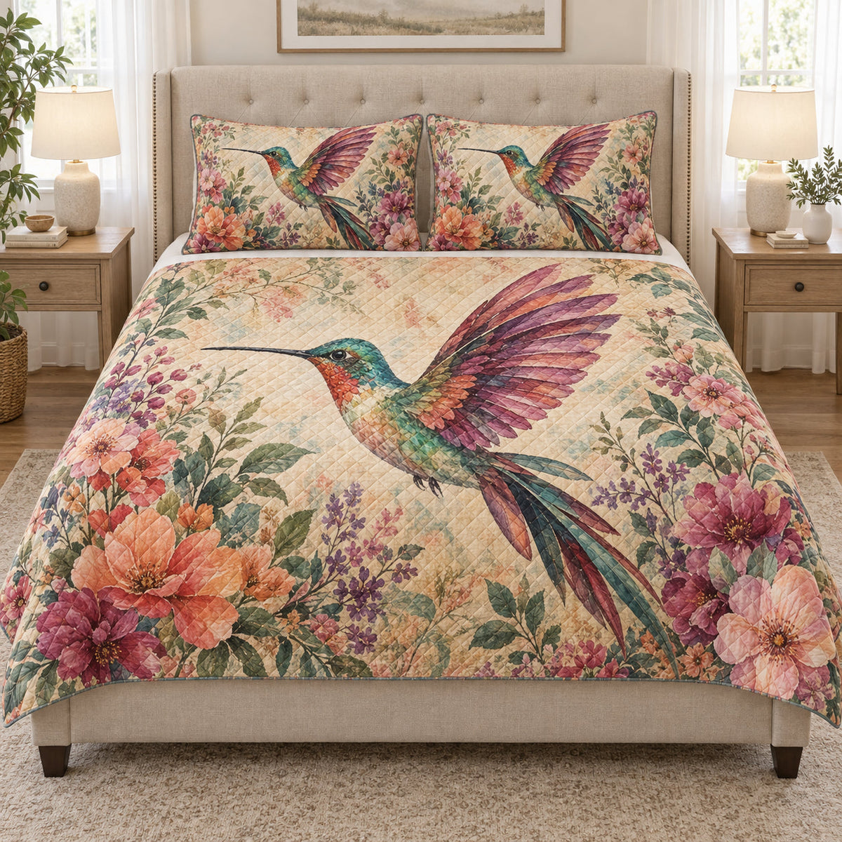 Hummingbird Floral Garden quilt design with coordinating pillow shams