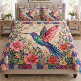 Colorful Hummingbird Floral Patchwork Quilt Set