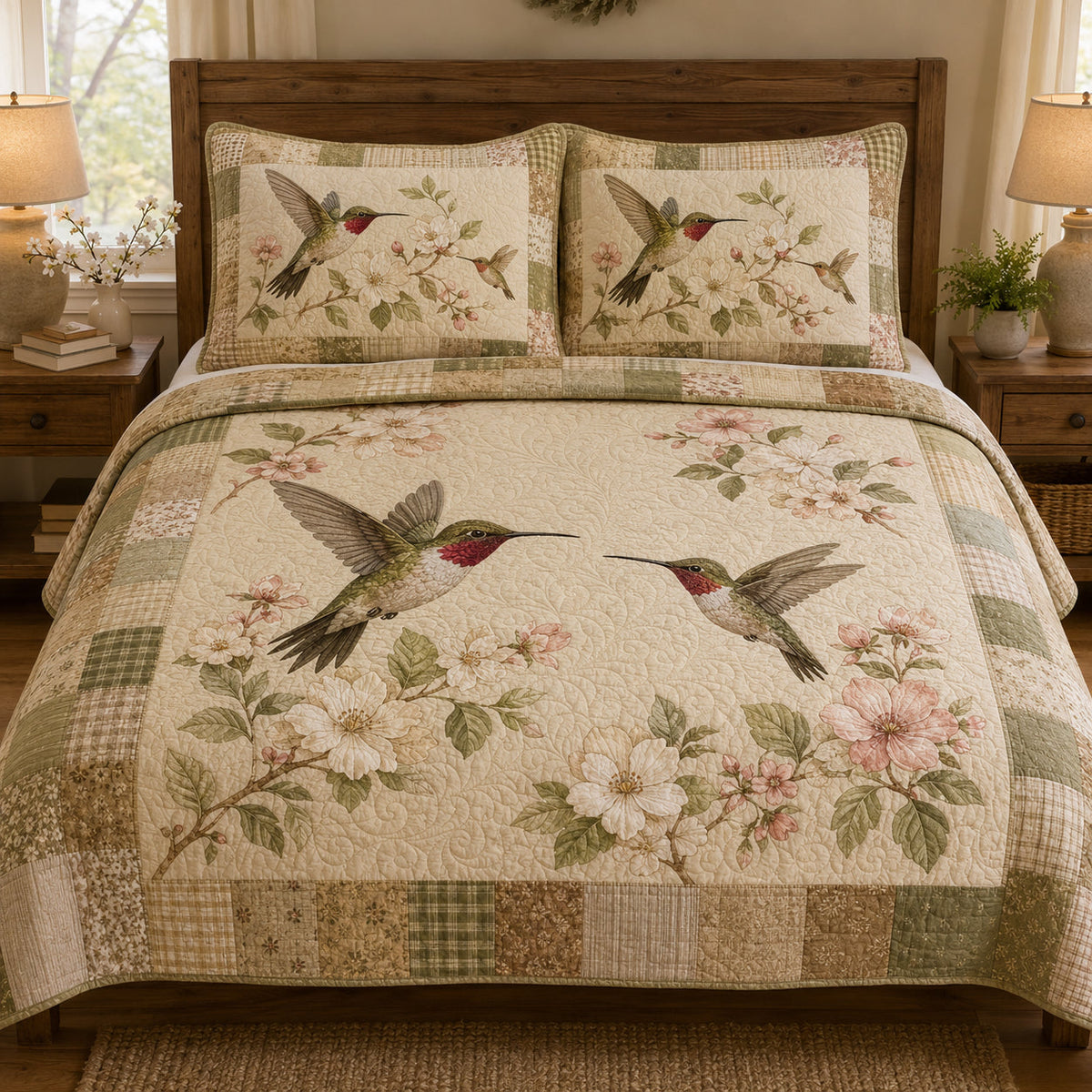 Hummingbird Floral Patchwork quilt design with coordinating pillow shams