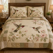 Hummingbird Floral Patchwork quilt design with coordinating pillow shams
