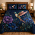 Hummingbird Floral Quilt Set Navy Blue Decor