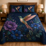 Hummingbird Floral quilt design Navy Blue with coordinating pillow shams