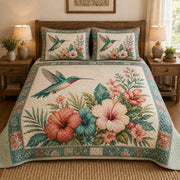 Pastel Hummingbird Hibiscus Garden quilt design with coordinating pillow shams