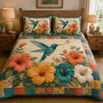Vibrant Hummingbird Hibiscus Patchwork Quilt Set