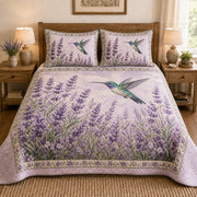 Hummingbird Lavender Field quilt design with coordinating pillow shams