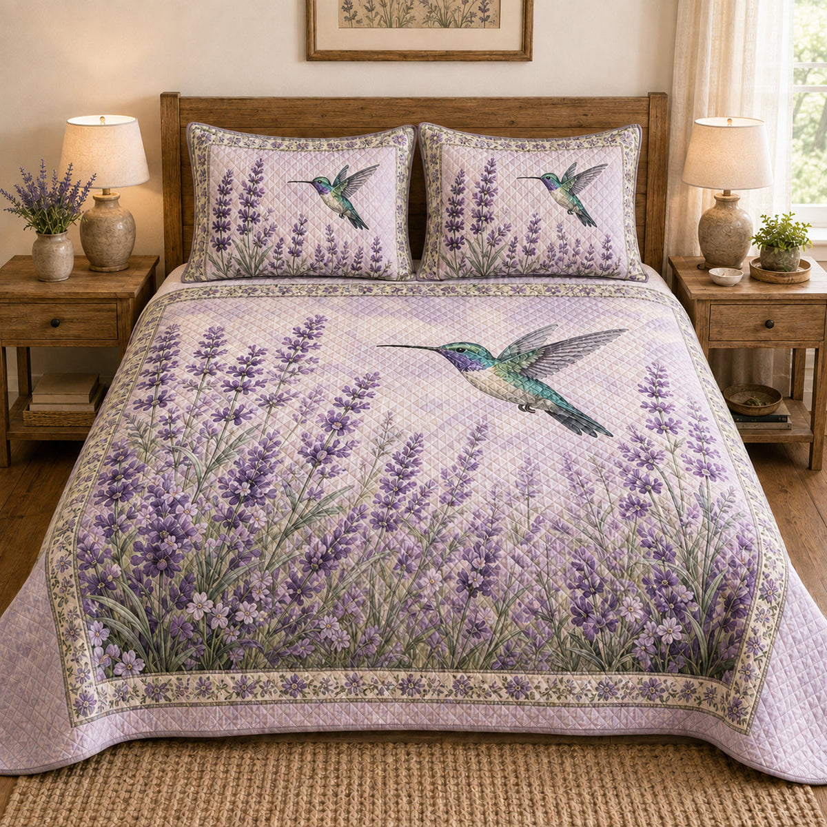 Hummingbird Lavender Field quilt design with coordinating pillow shams