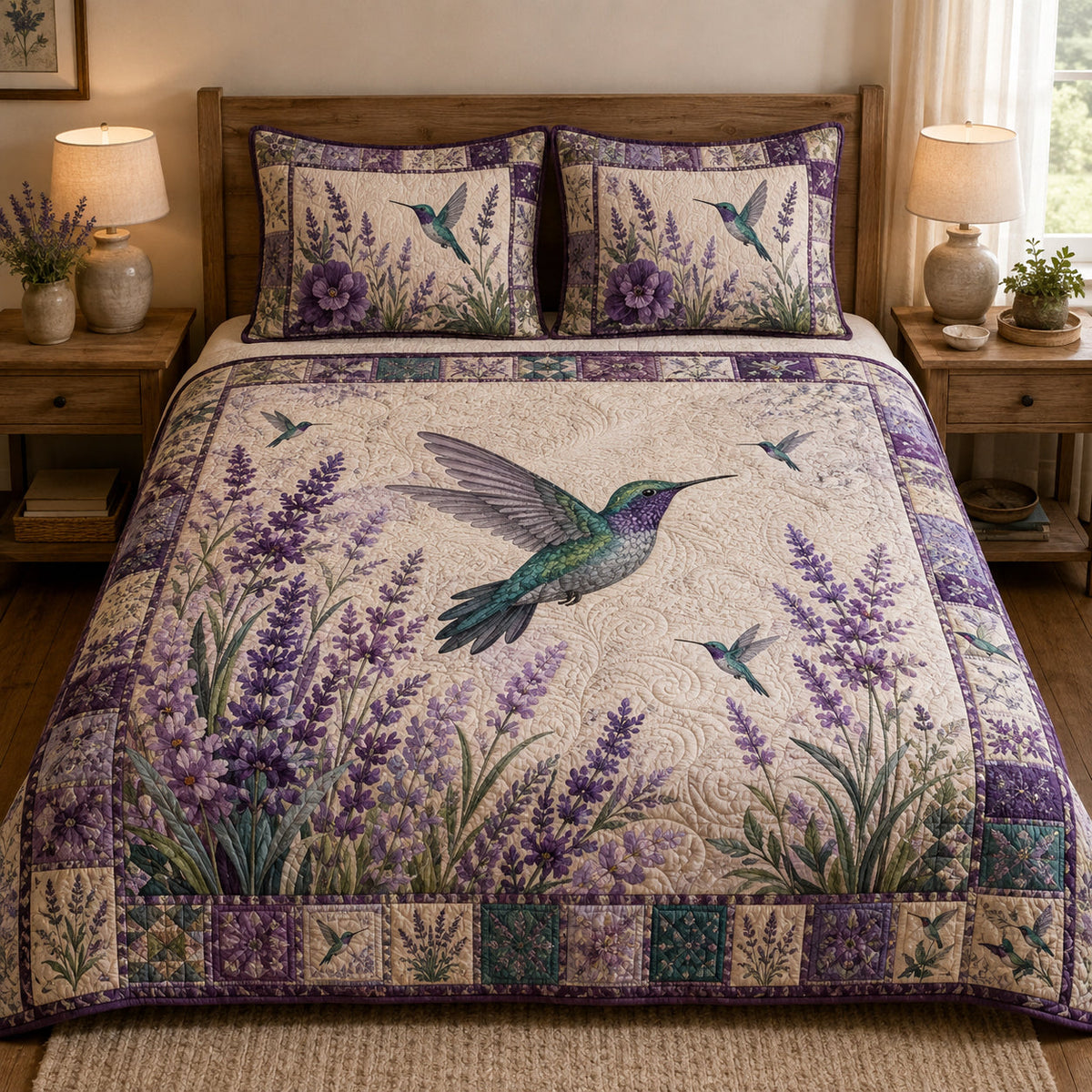 Purple Hummingbird Lavender Garden quilt design with coordinating pillow shams