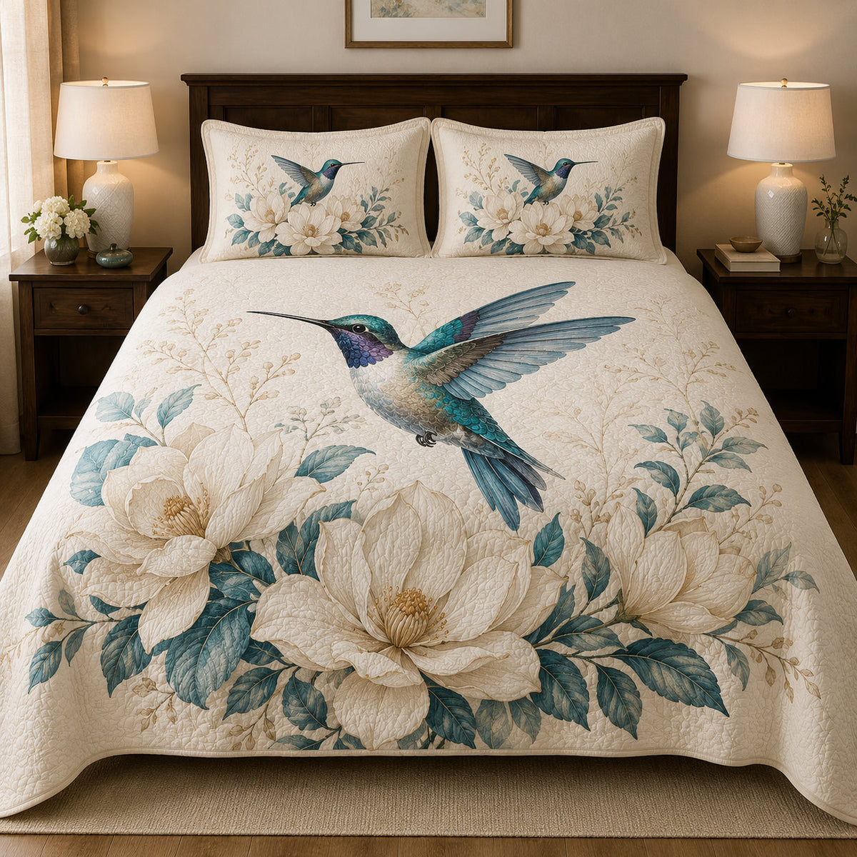 Hummingbird Magnolia Floral quilt design with coordinating pillow shams