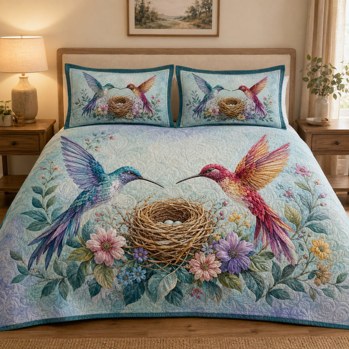 Hummingbird Nest Floral quilt design with coordinating pillow shams