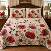 Hummingbird Poppy Floral quilt design with coordinating pillow shams