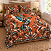 Orange hummingbird spirit quilt set angled view