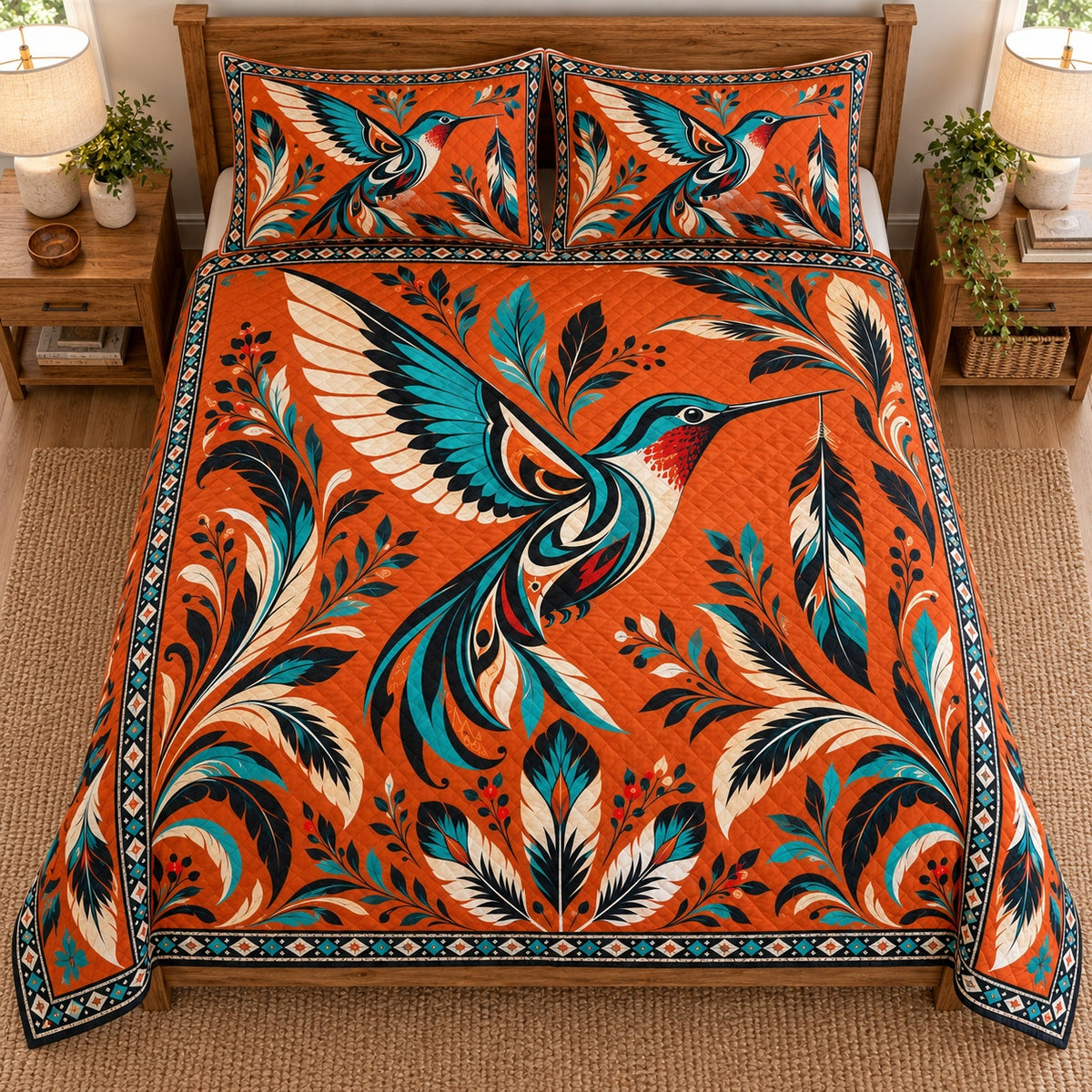 Orange hummingbird spirit quilt set view from above