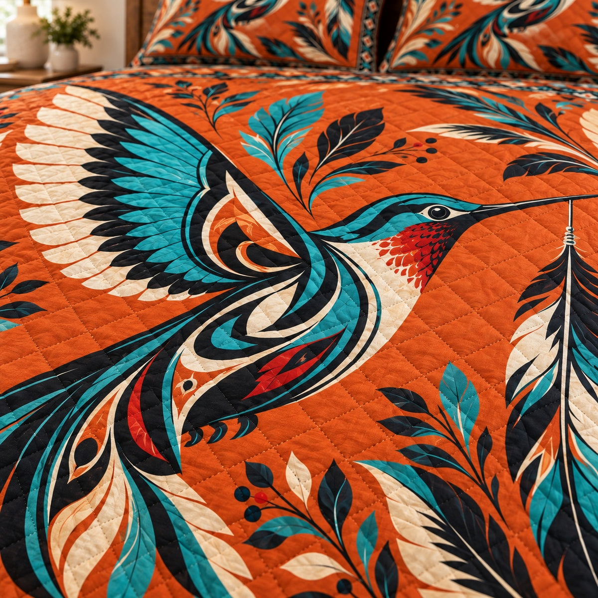 Hummingbird print and diamond quilt stitching detail
