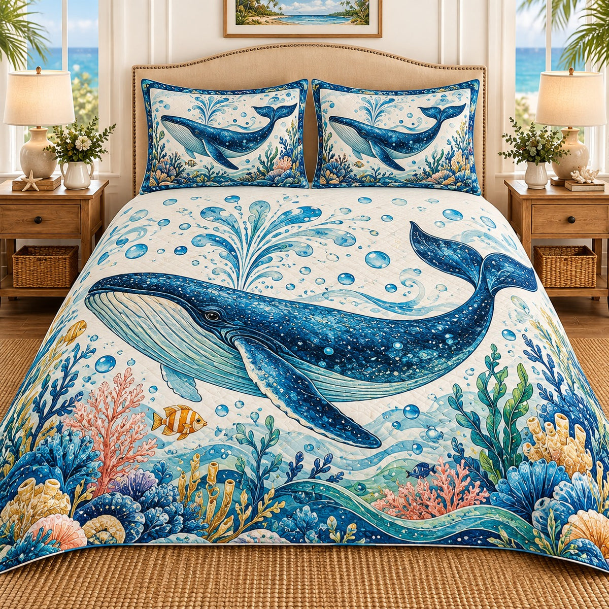 Humpback whale ocean reef quilt set, view 1, AI-generated product mockup