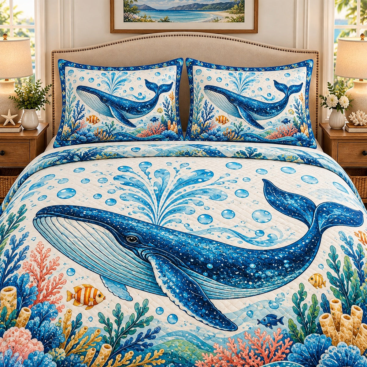 Humpback whale ocean reef quilt set, view 2, AI-generated product mockup