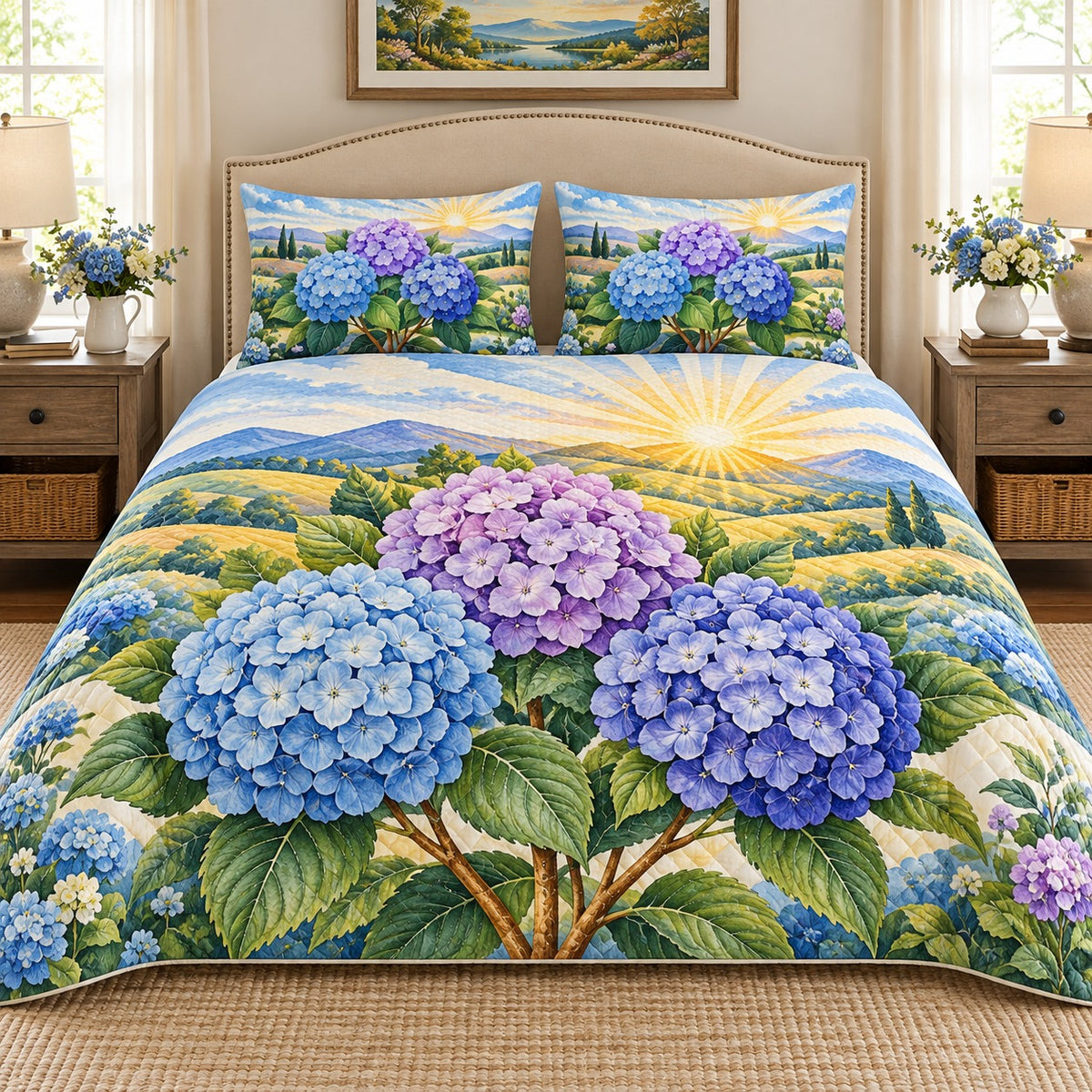 Blue hydrangea sunrise landscape quilt set, view 1, AI-generated product mockup