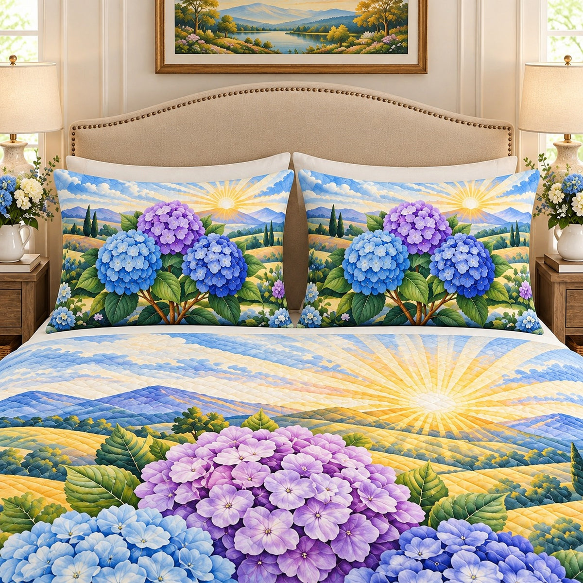 Blue hydrangea sunrise landscape quilt set, view 2, AI-generated product mockup