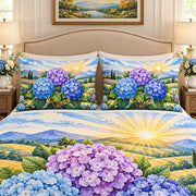 Blue hydrangea sunrise landscape quilt set, view 2, AI-generated product mockup