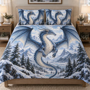 Ice Dragon Snowy Mountain Quilt Set: bedroom mockup showing the quilt design and coordinating pillow shams