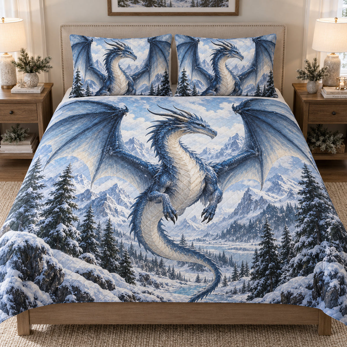 Ice Dragon Snowy Mountain Quilt Set: bedroom mockup showing the quilt design and coordinating pillow shams